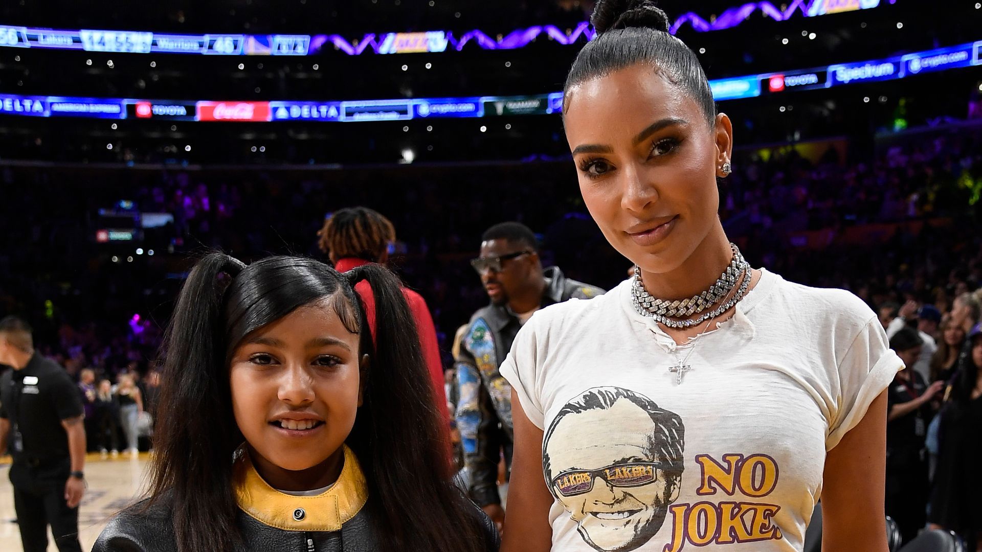 Kim Kardashian and daughter North West attend the the Western Conference Semifinal Playoff game between the Los Angeles Lakers and Golden State Warriors at Crypto.com Arena on May 12, 2023 in Los Angeles, California.