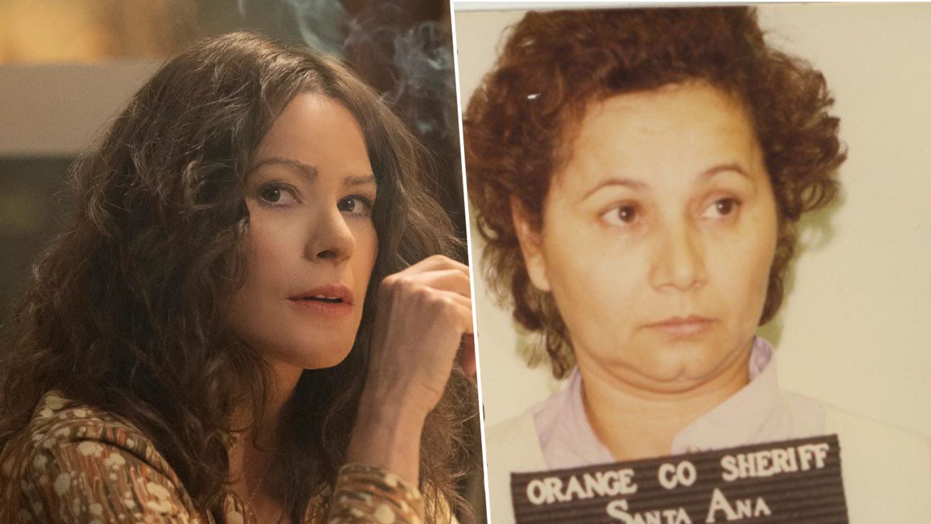 On the left is a picture of Sofia Vergara as Griselda Blanco, on the right is a picture of Griselda in 1985 as she has her mugshot taken