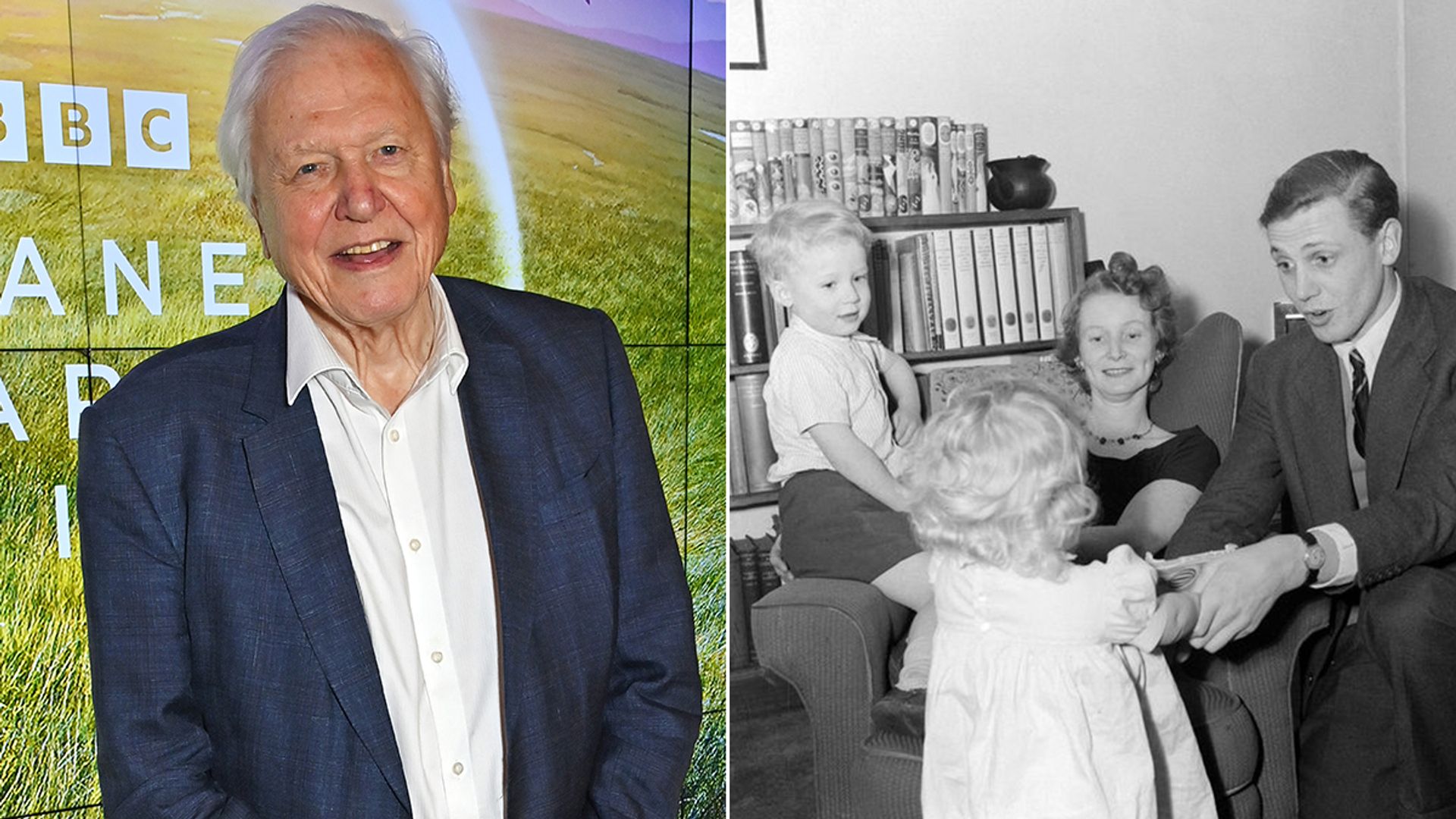 Split image of David Attenborough at a premiere and with his family