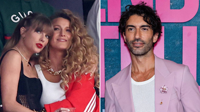 Split image of Taylor Swift with Blake Lively, next to photo of Justin Baldoni