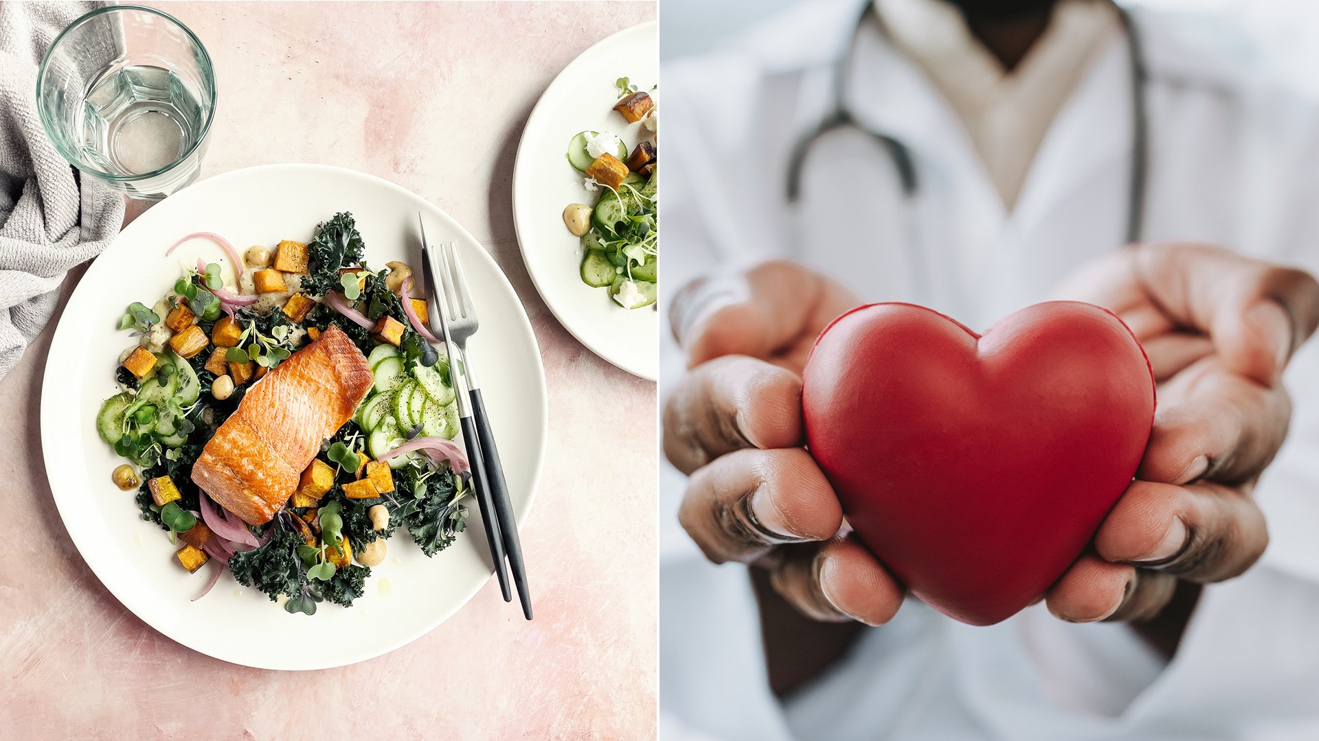 split image showing healthy meal flat lay and doctor holding out red heart toy depicting health