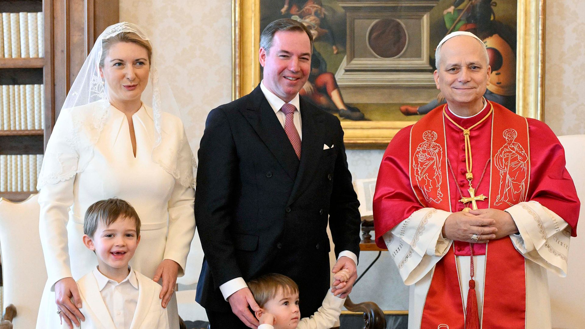 Pope Leo XIV poses with Grand Duke Guillaume of Luxembourg, Grand Duchess Stephanie of Luxembourg and sons during an audience at the Apostolic Palace on January 23, 2026