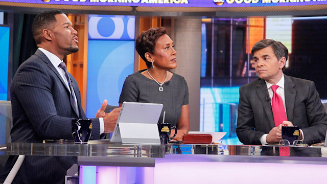 MICHAEL STRAHAN, ROBIN ROBERTS, GEORGE STEPHANOPOULOS on Good Morning America