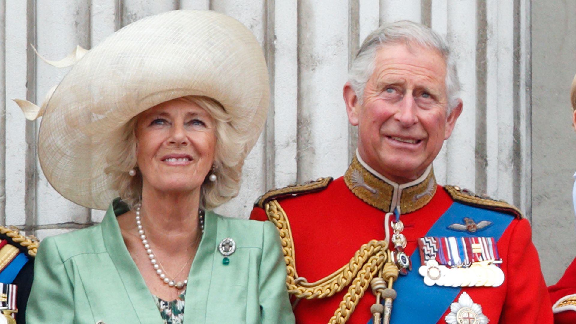 Camilla and Charles smile on palace balcony at Trooping the Colour 2015