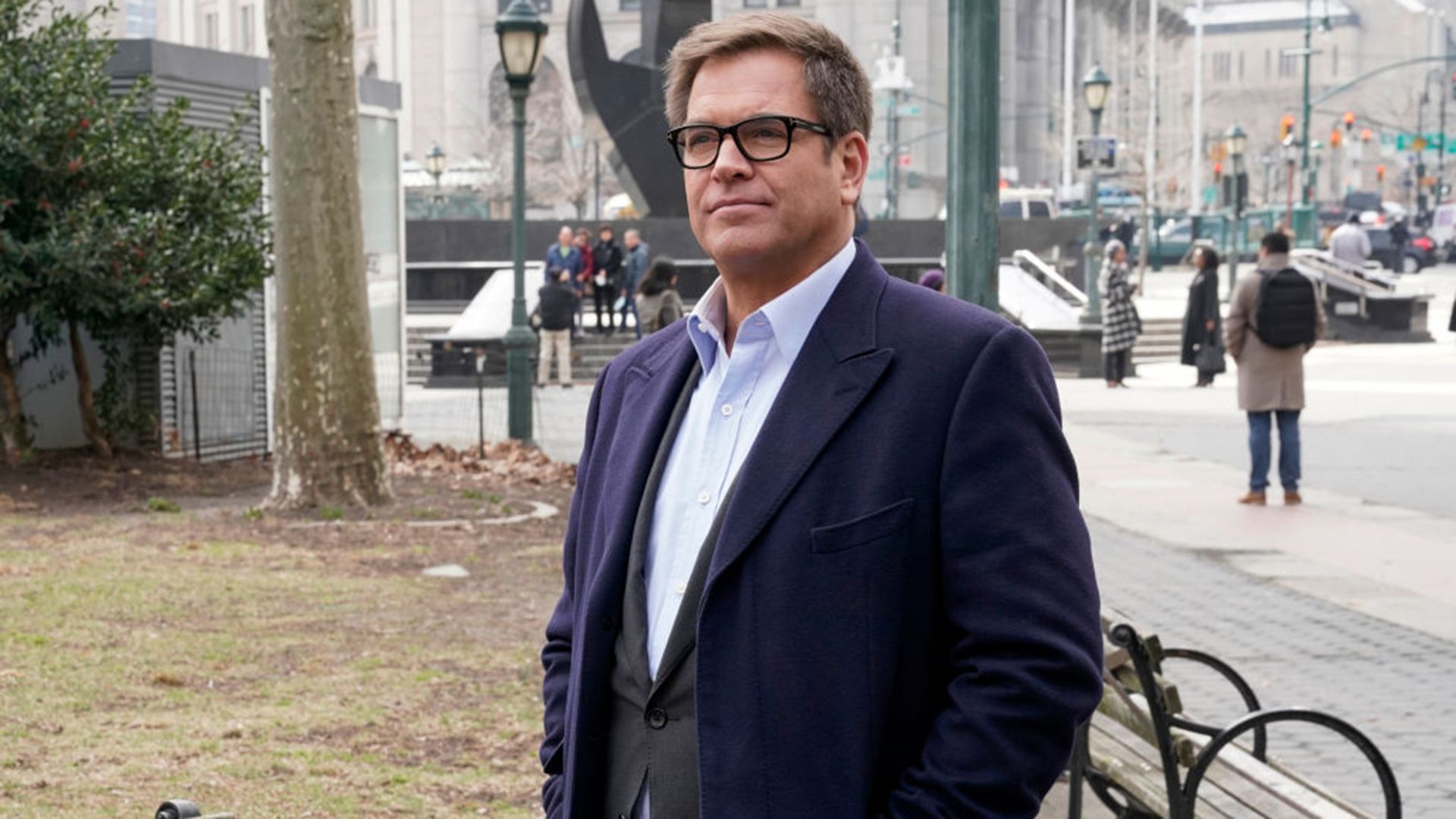 Michael Weatherly standing outside in Bull. 