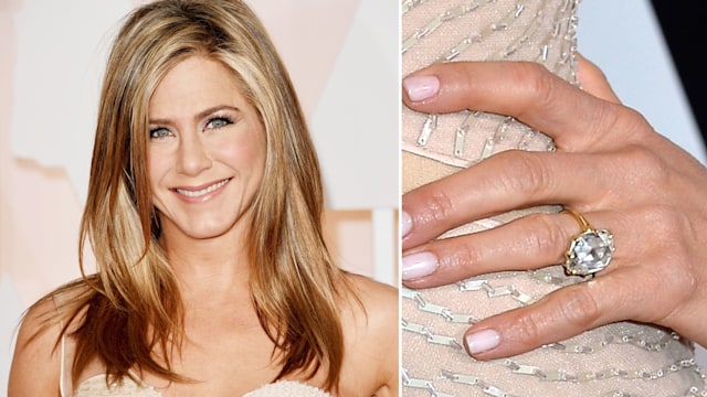 Jennifer Aniston with her hair down and a close up of her engagement ring