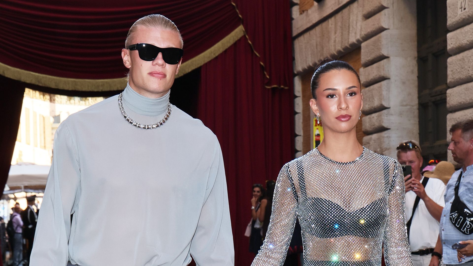 Erling Haaland and Isabel Haugseng Johansen are seen outside the Dolce & Gabbana 'Alta Sartoria' fashion show 