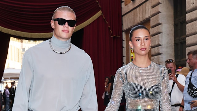Erling Haaland and Isabel Haugseng Johansen are seen outside the Dolce & Gabbana 'Alta Sartoria' fashion show 