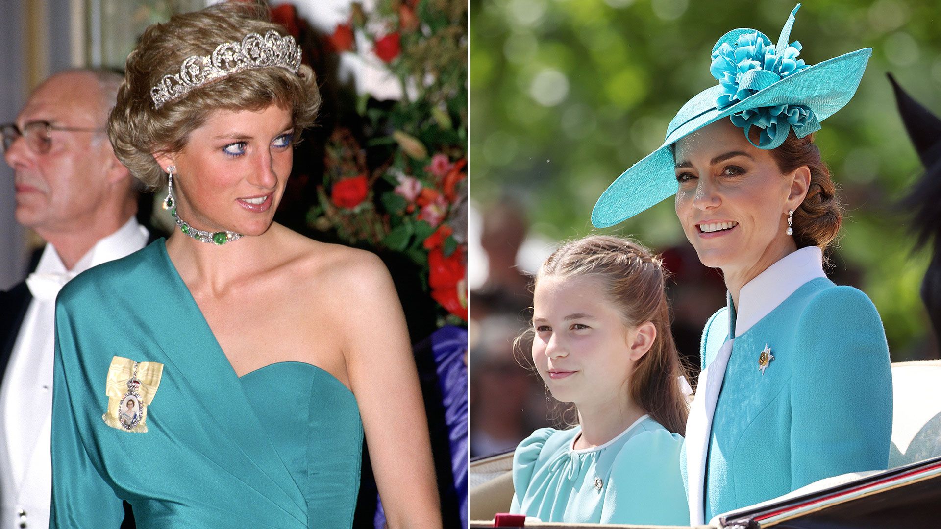 Princess Kate and Princess Charlotte in carriage in blue beside picture of princess diana in turqouise dress
