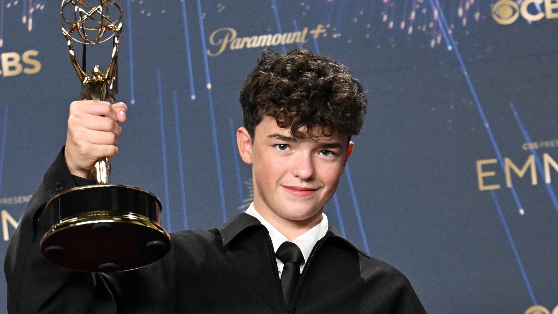 Owen Cooper poses with the Outstanding Supporting Actor in a Limited or Anthology Series award for "Adolescence" at the 77th Primetime Emmy Awards held at the Peacock Theater on September 14, 2025 in Los Angeles, California. (Photo by Gilbert Flores/Variety via Getty Images)