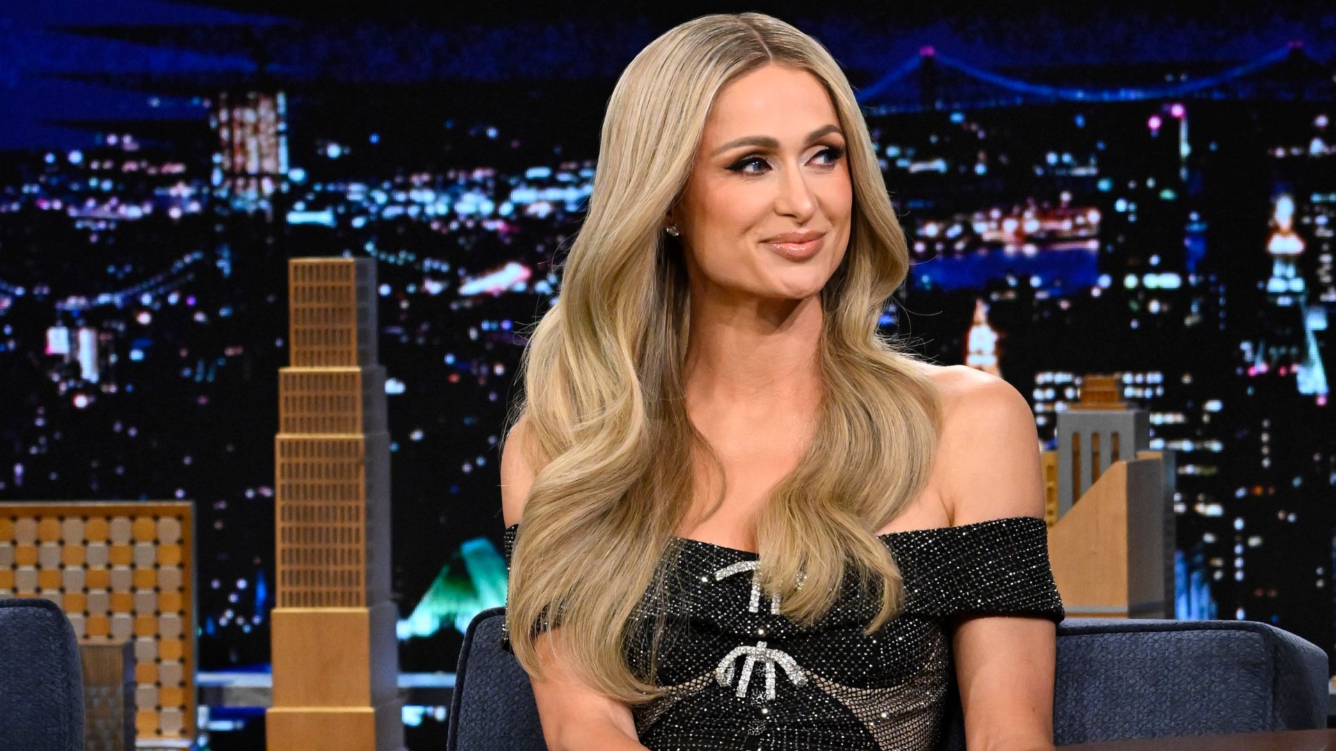 THE TONIGHT SHOW STARRING JIMMY FALLON -- Episode 1855 -- Pictured: Media Personality Paris Hilton during an interview on Tuesday, October 17, 2023 -- (Photo by: Todd Owyoung/NBC via Getty Images)