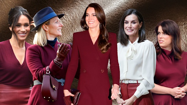 meghan markle, zara tindall, princess kate, queen letizia, princess eugenie in burgundy with brown leather backdrop