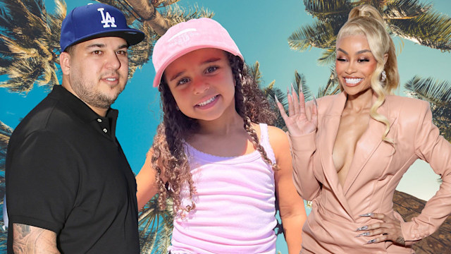 Rob and Dream Kardashian plus Blac Chyna against palm tree backdrop