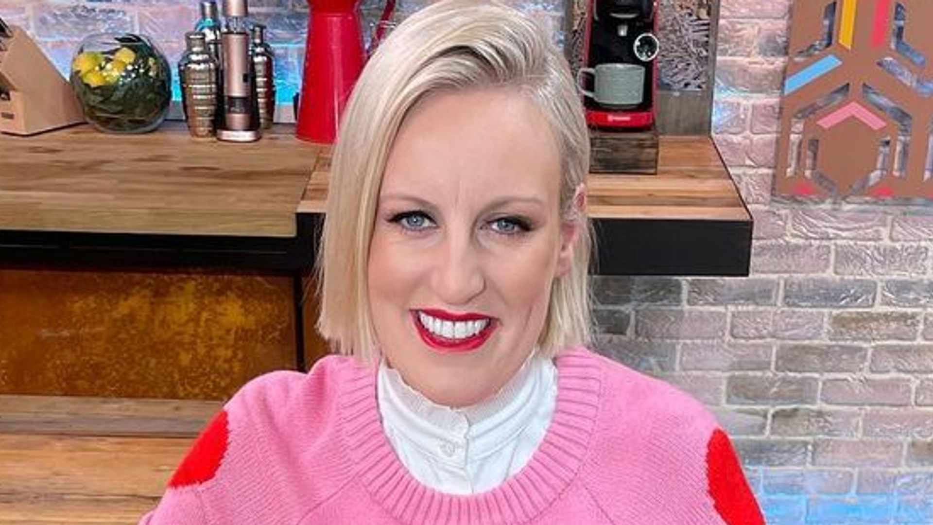 steph mcgovern wearing pink jumper and red lipstick on stephs packed lunch 