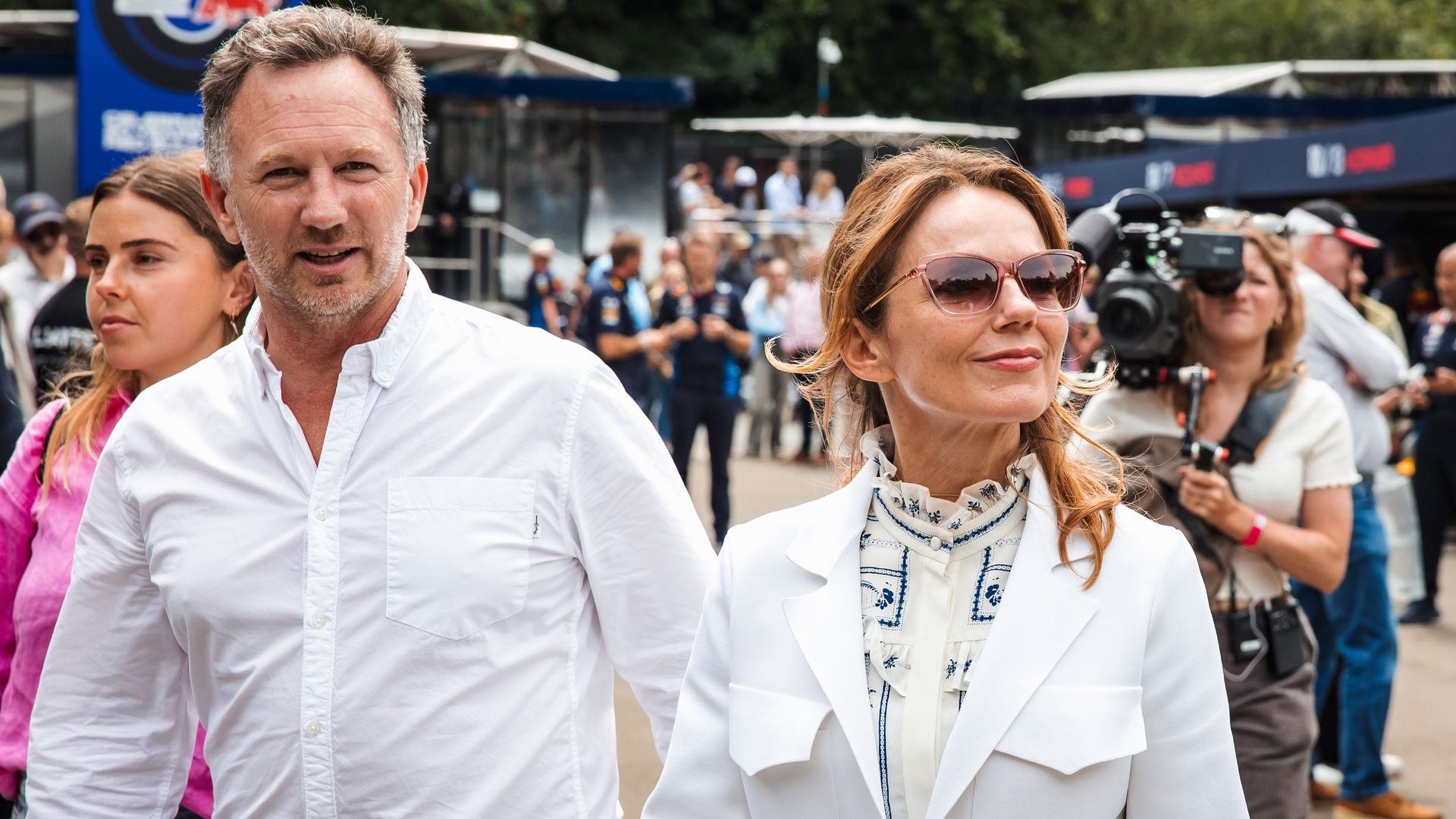 Oracle Red Bull Racing Team Principal Christian Horner and wife Geri Halliwell, English singer look on during day 4 of the Goodwood Festival of Speed at Goodwood on July 14, 2024 in Chichester, England