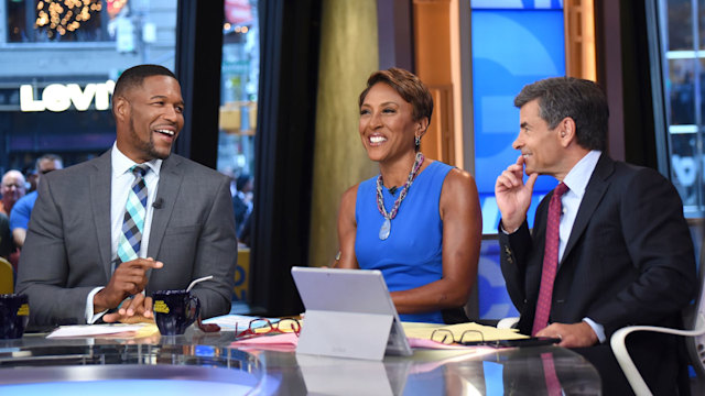 Michael Strahan, Robin Roberts and George Stephanopoulos hosting GMA