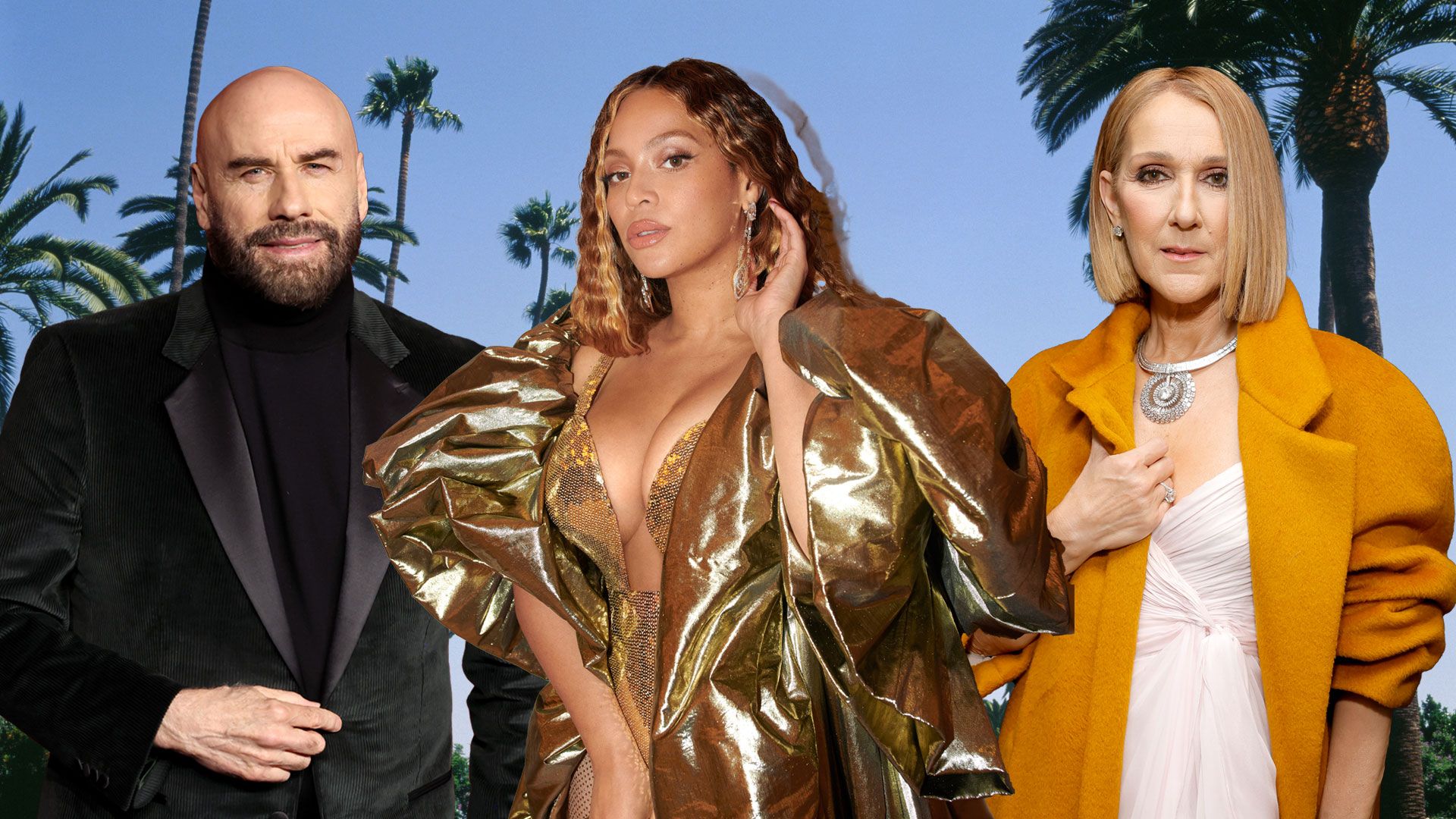 john travolta, beyonce and celine dion with palm tree backdrop