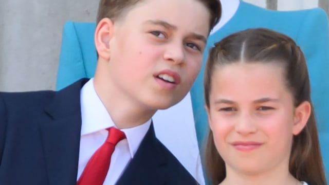 Prince George of Wales and Princess Charlotte of Wales on the balcony at Buckingham Palace during Trooping The Colour 2025 on June 14, 2025 in London, England. 