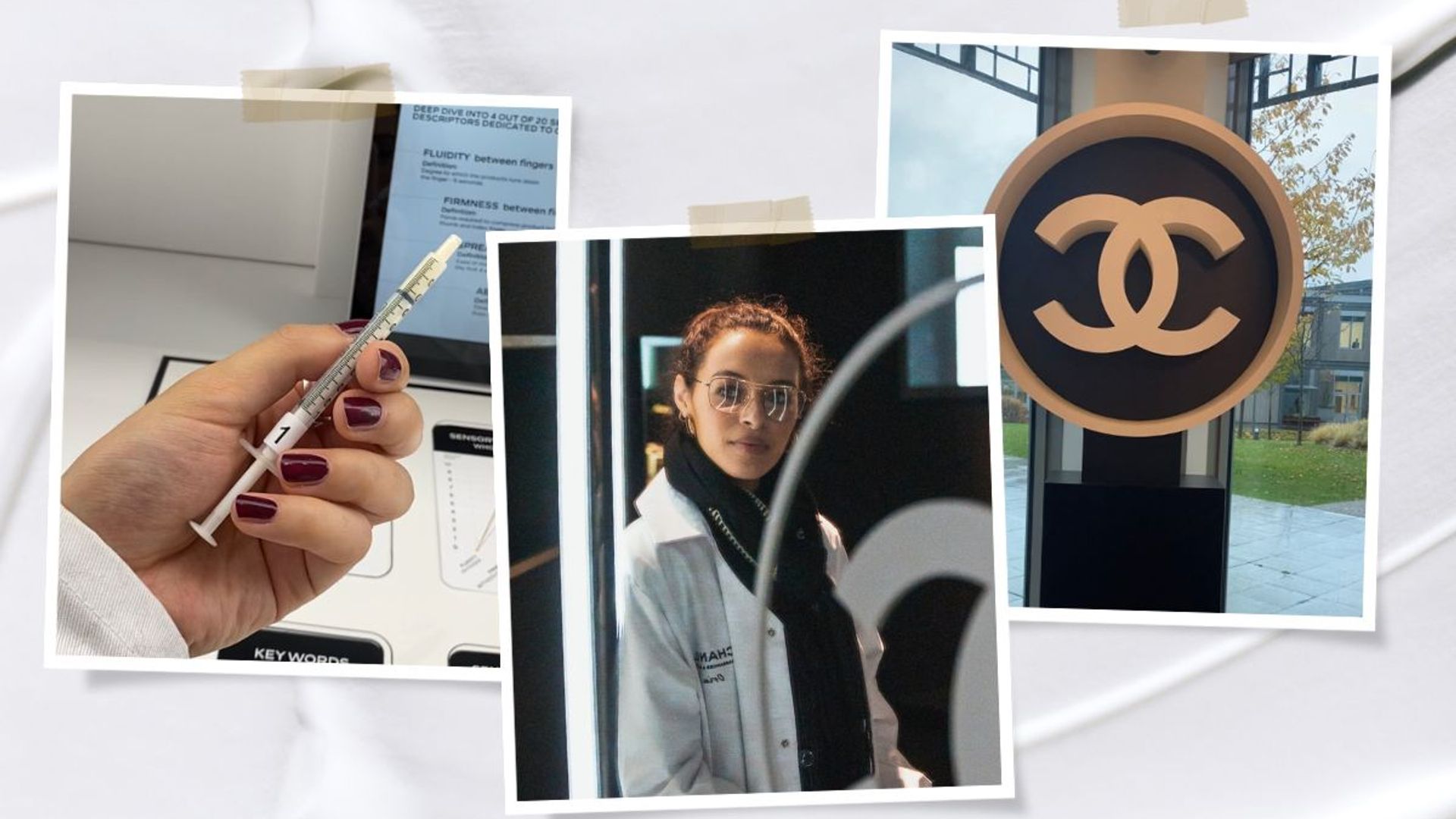 Syringe, beauty journalist Orin Carlin in a lab coat and Chanel's double C logo 