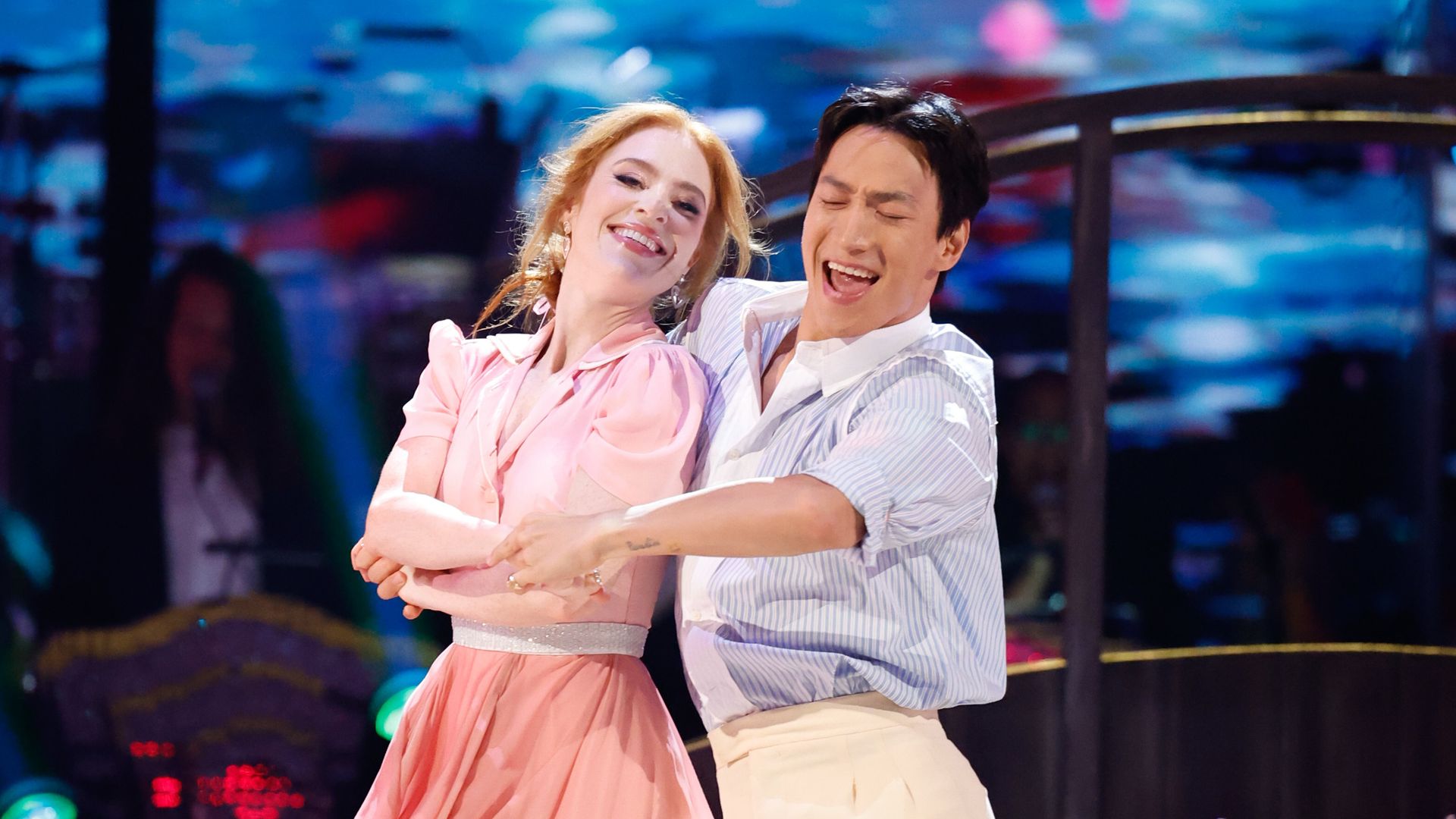 Angela Scanlon and Carlos Gu dancing the America Smooth on Strictly Come Dancing 