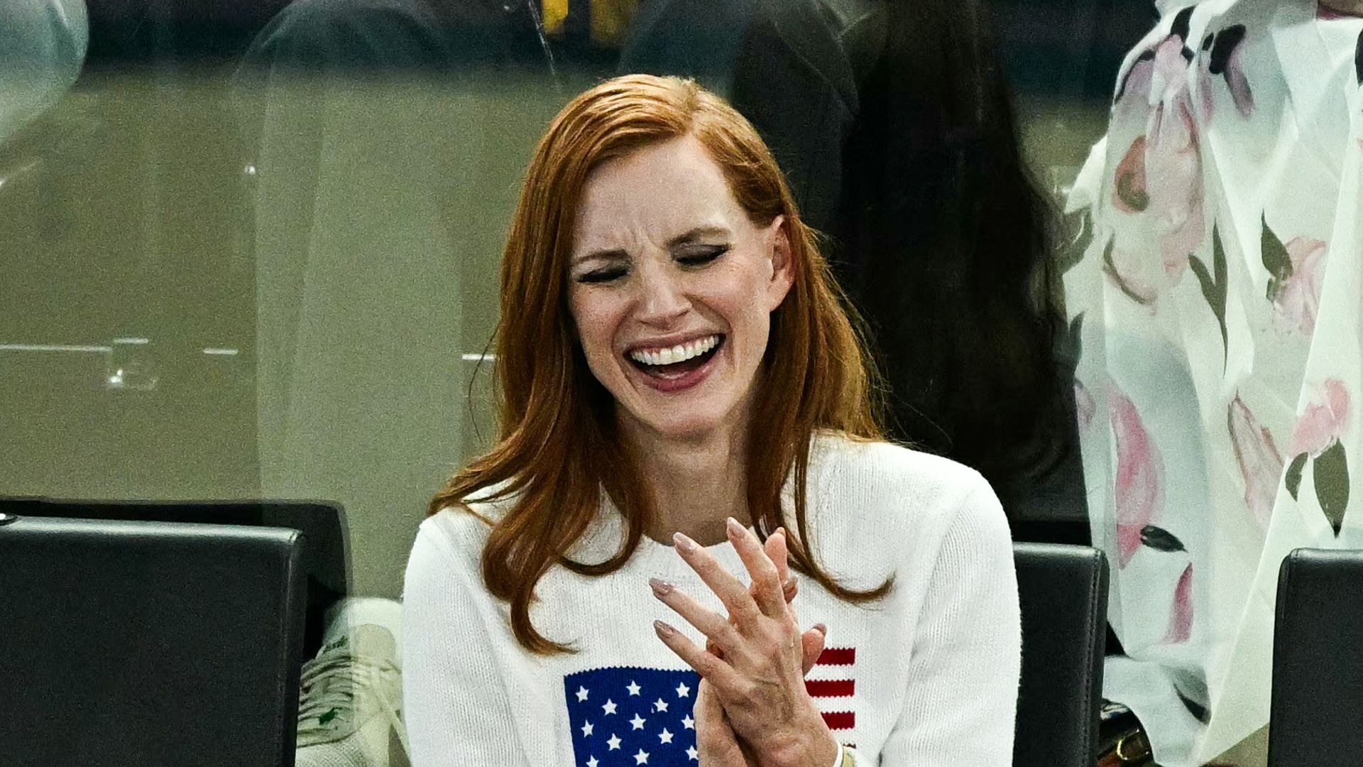 US actress Jessica Chastain competes in the women's artistic gymnastics qualification during the Paris 2024 Olympic Games at the Bercy Arena in Paris on July 28, 2024.