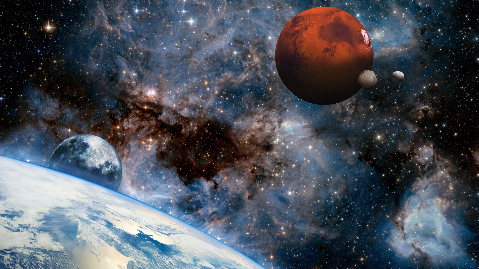 Digital illustration of view of Earth's surface with the Moon to red planet Mars with moons Phobos and Deimos in outer space with nebula and bright stars. Fragment of the Solar System. Space objects - Earth, Mars and others planets prepared via images from www.nasa.gov. Earth texture: images-assets.nasa.gov/image/iss040e016389/iss040e016389~orig.jpg