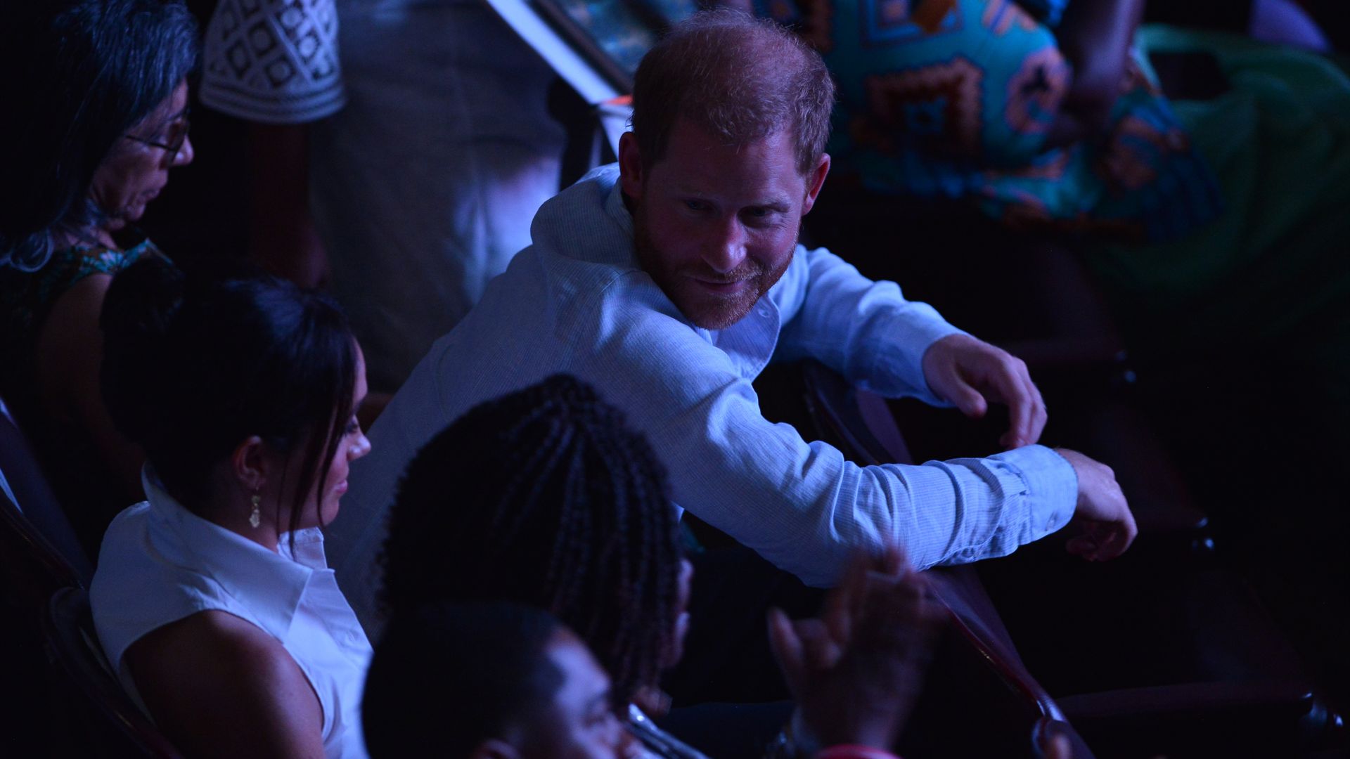 Prince Harry, Duke of Sussex, and Meghan, Duchess of Sussex are seen at the Afro Women and Power Forum at the Municipal Theater of Calid during a visit around Colombia on August 18, 2024 in Cali, Colombia. 