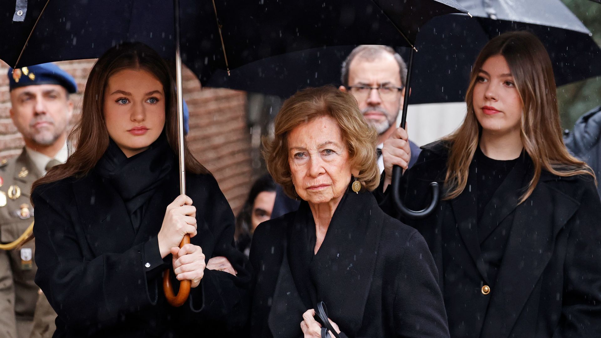 Princess Leonor and Infanta Sofia support grandmother Queen Sofia of Spain at Princess Irene's memorial service