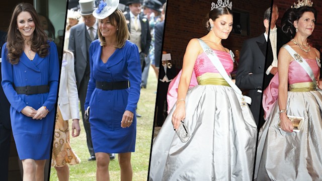 Kate Middleton and Carole Middleton and Crown Princess Victoria and Queen Silvia wearing matching dresses 