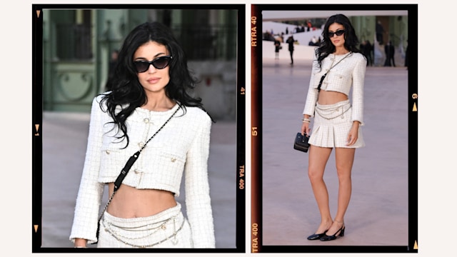 Kylie Jenner wearing a Chanel tweed mini skirt and jacket