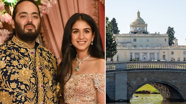 Anant Ambani and Radhika Merchant next to Stoke Park