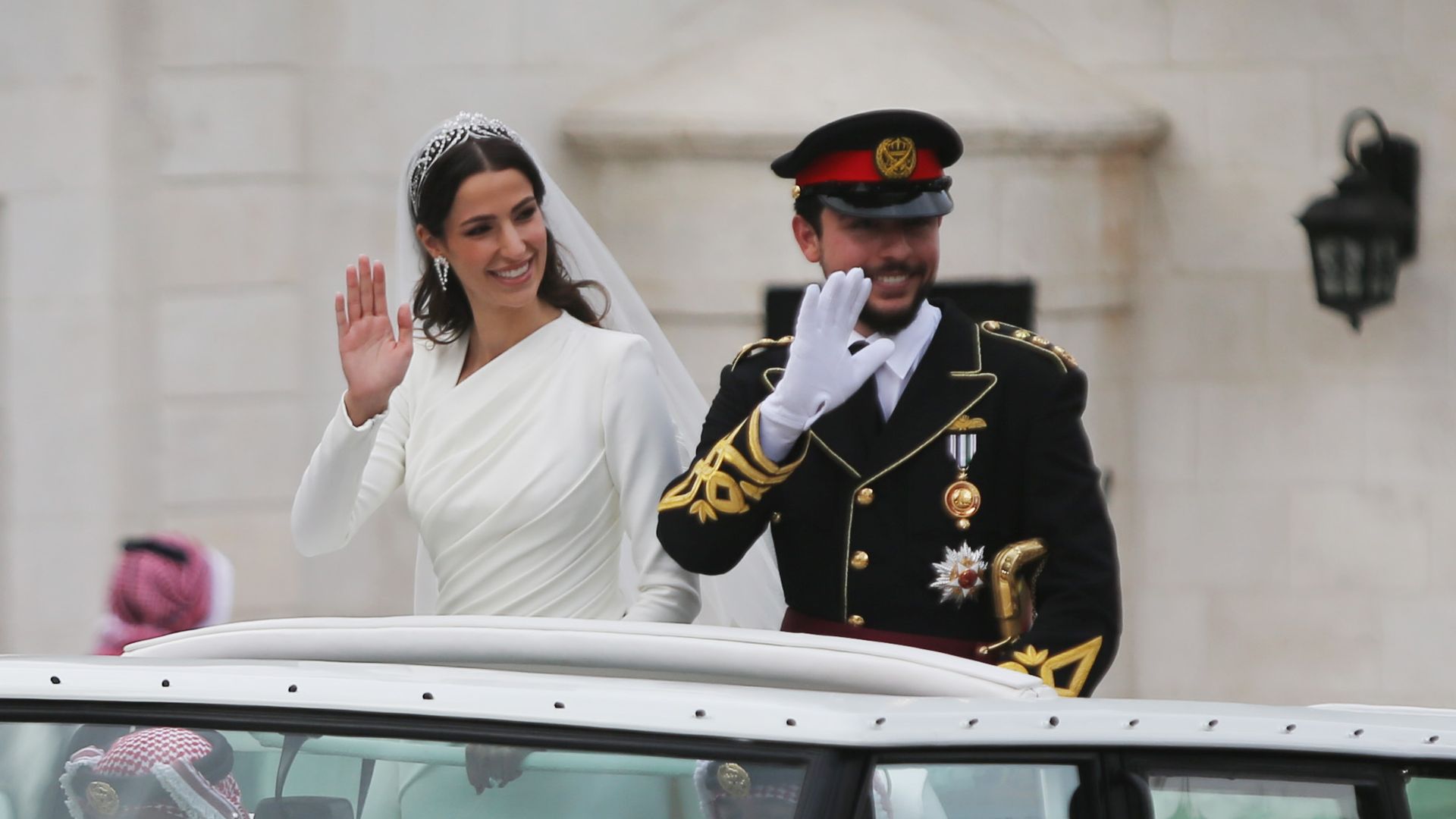 AMMAN, JORDAN- JUNE 01: Jordan Crown Prince Al Hussein and Princess Rajwa Al Hussein depart Zahran palace during their wedding on June 01, 2023 in Amman, Jordan. Al Hussein bin Abdullah, Crown Prince of Jordan, is the son of King Abdullah II bin Al-Hussei