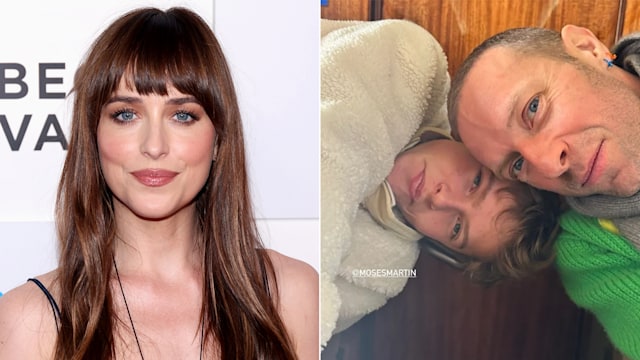 Split image showing Dakota Johnson and Chris Martin with his son, Moses