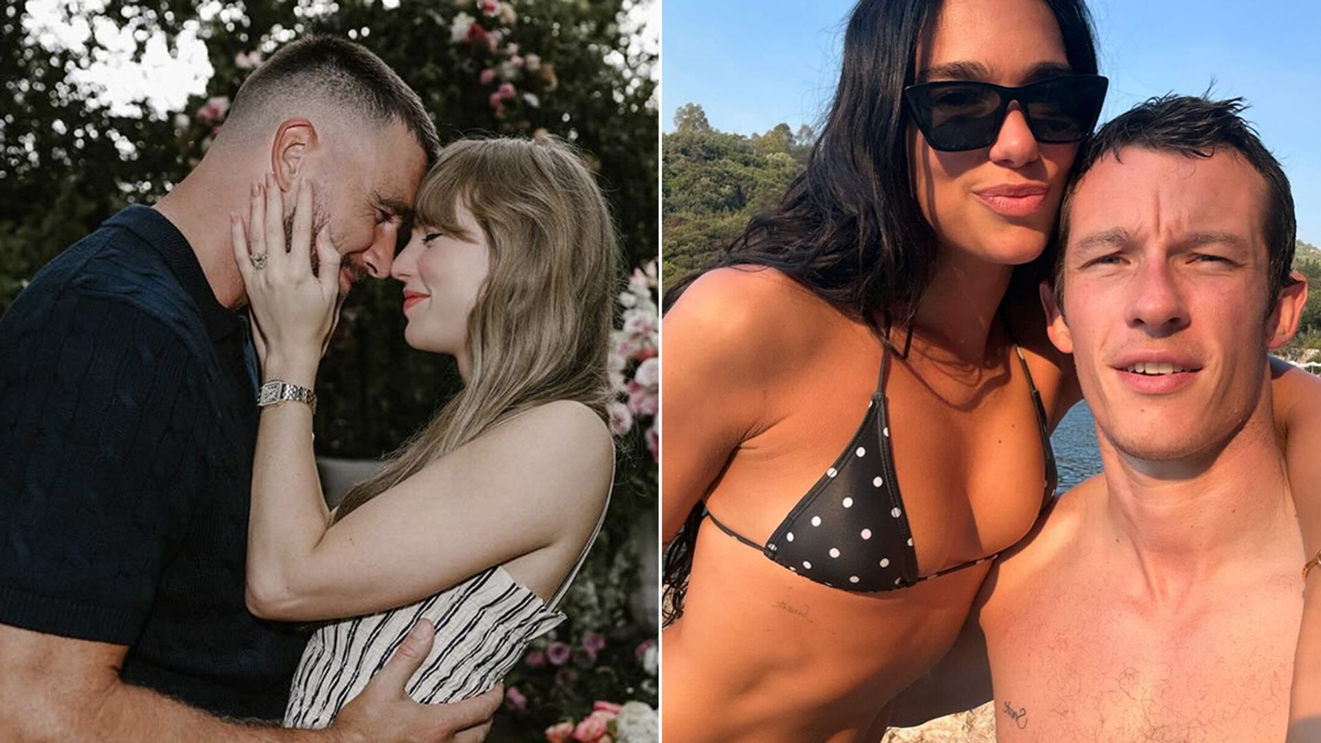A split image of Travis Kelce and Taylor Swift and Dua Lipa and Callum Turner