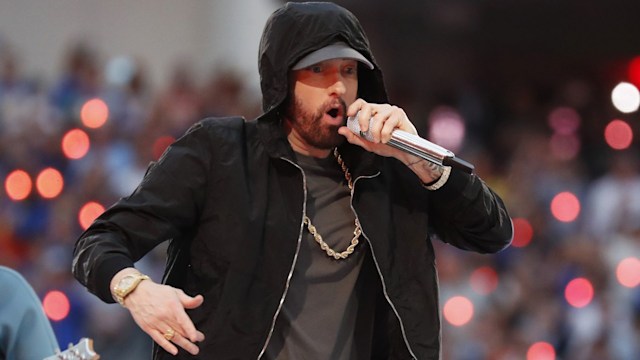 American rapper Eminem performs in the Pepsi Super Bowl LVI Halftime Show during Super Bowl LVI between the Cincinnati Bengals and Los Angeles Rams at SoFi Stadium in Los Angeles on Sunday, February 13, 2022