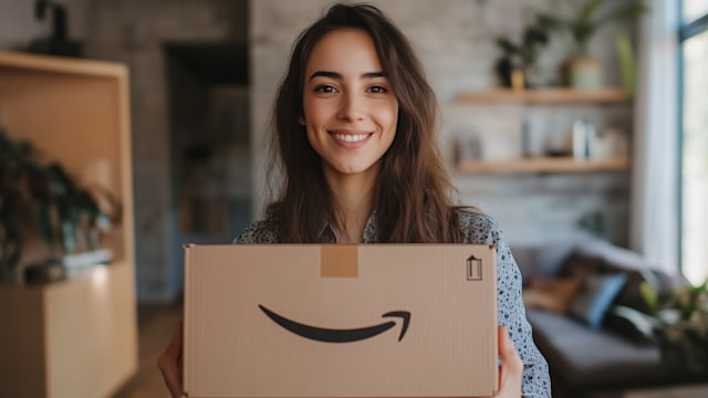 Woman holding an Amazon box