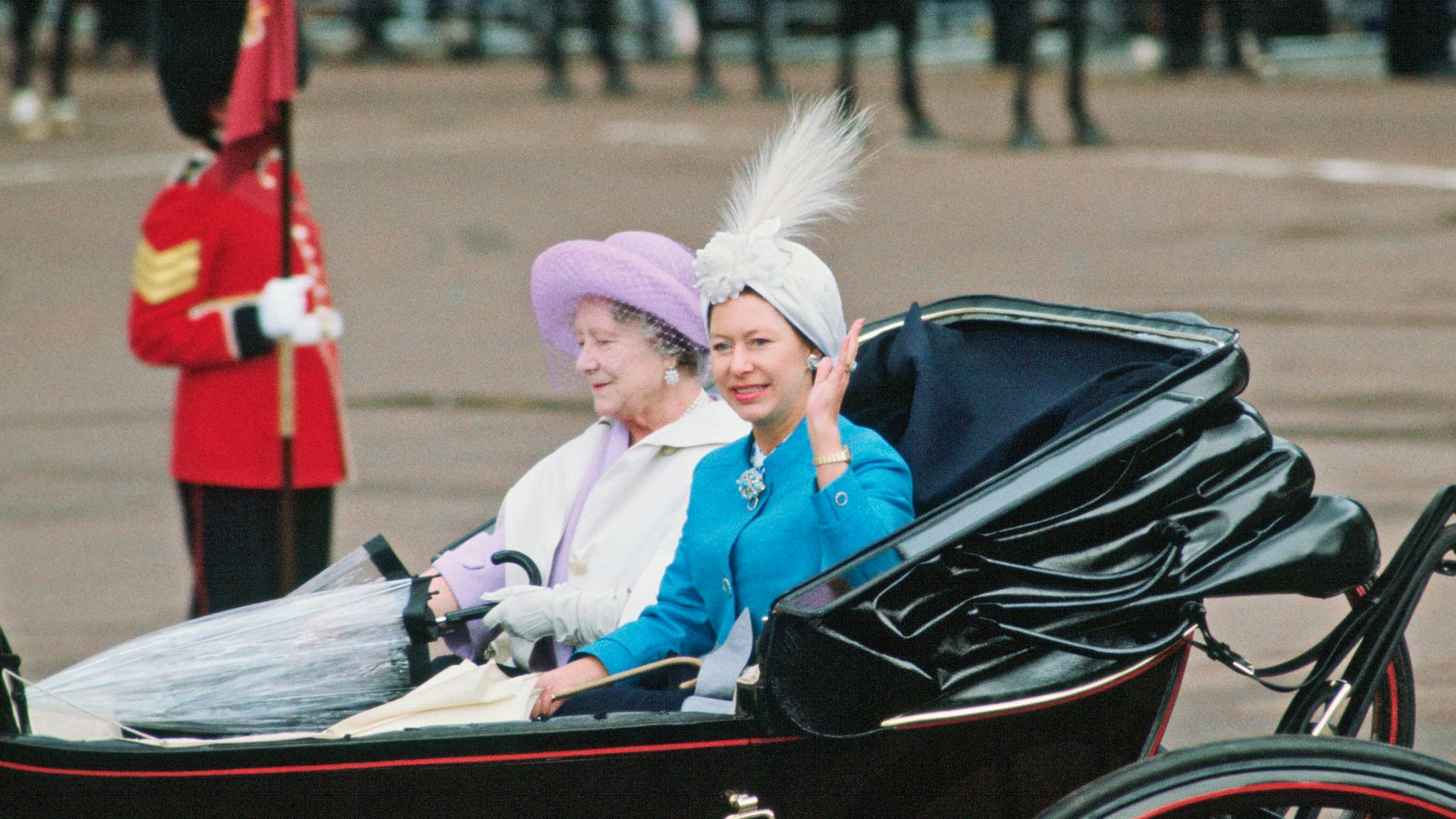 LONDON, UNITED KINGDOM - JUNE 12:  Princess Margaret And The Queen Mother In A Carriage At Trooping The Colour.  (Photo by Tim Graham Photo Library via Getty Images)