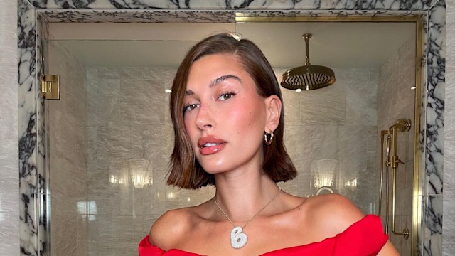 hailey bieber in red dress