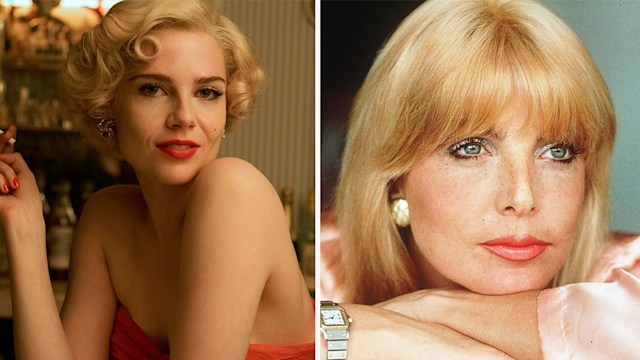 Blonde woman in red dress, close-up of blonde woman