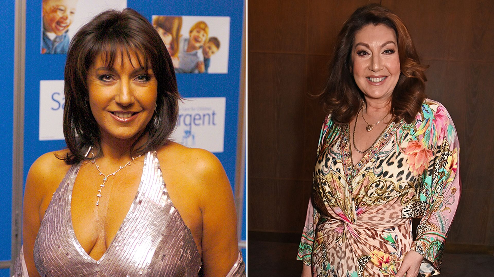 Split image of Jane McDonald in a silver dress and one of her in an animal-print dress