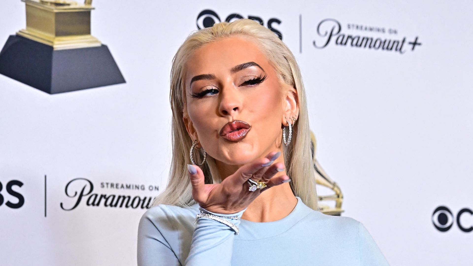 US singer-songwriter Christina Aguilera poses in the press room during the 66th Annual Grammy Awards at the Crypto.com Arena in Los Angeles on February 4, 2024.