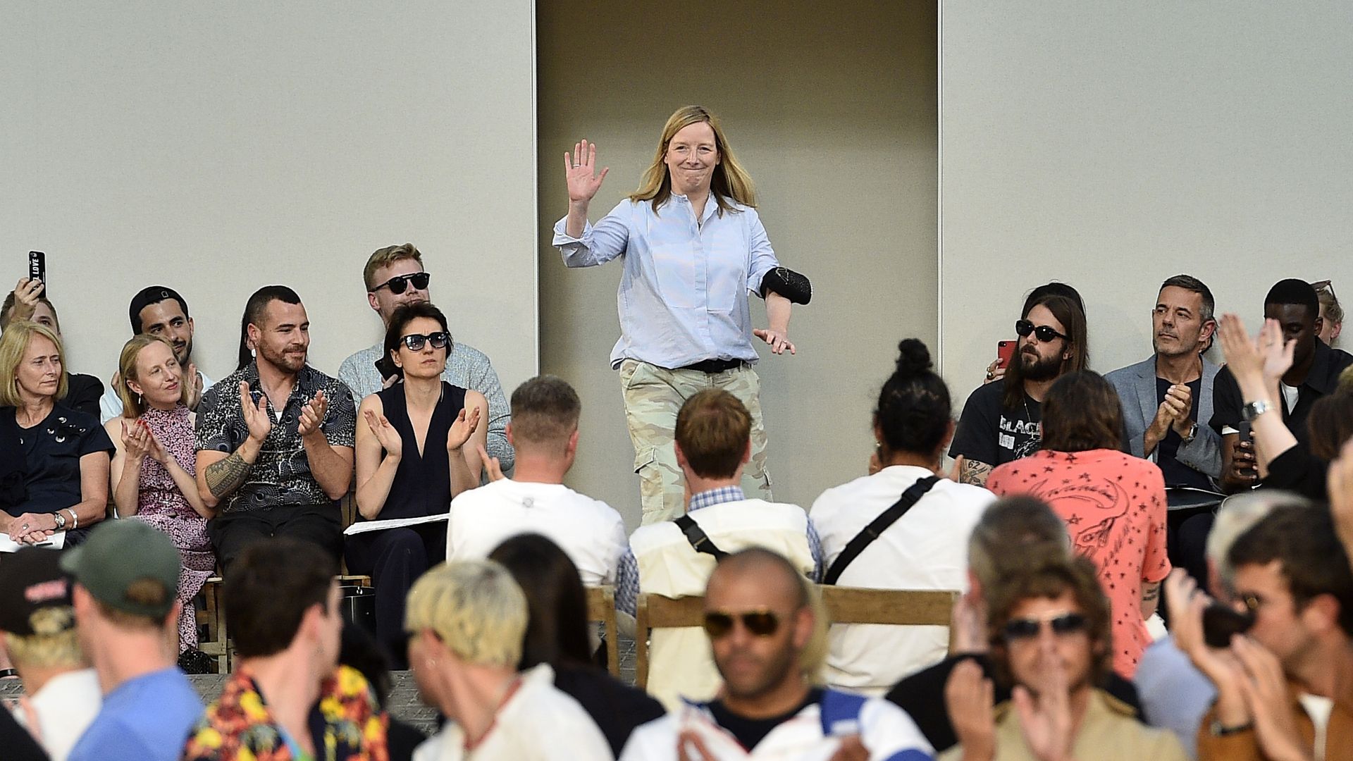 PARIS, FRANCE - JUNE 22:  Designer Sarah Burton acknowledges the audience during the Alexander McQueen Menswear Spring/Summer 2019 show as part of Paris Fashion Week on June 22, 2018 in Paris, France.  (Photo by Kristy Sparow/Getty Images)