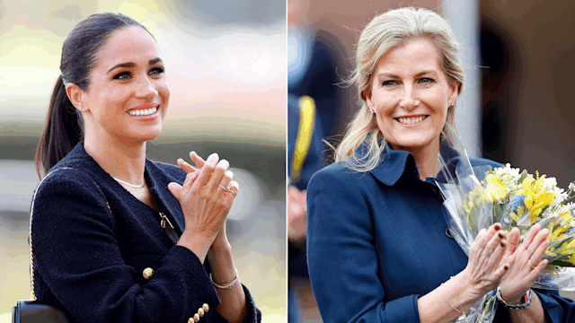 Duchess Sophie clapping beside photo of meghan markle with hands raised to body