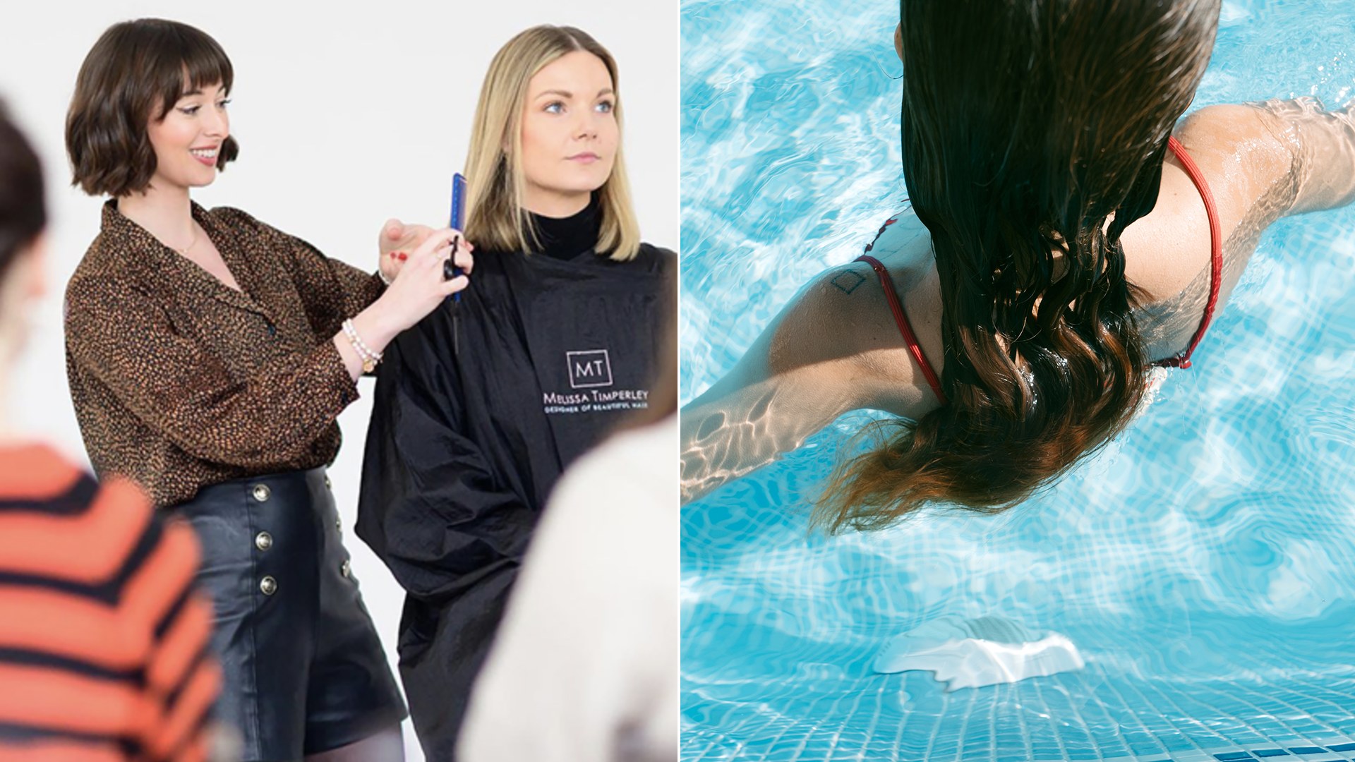 split image showing stylist cutting hair and stock image of woman swimming in pool with hair down