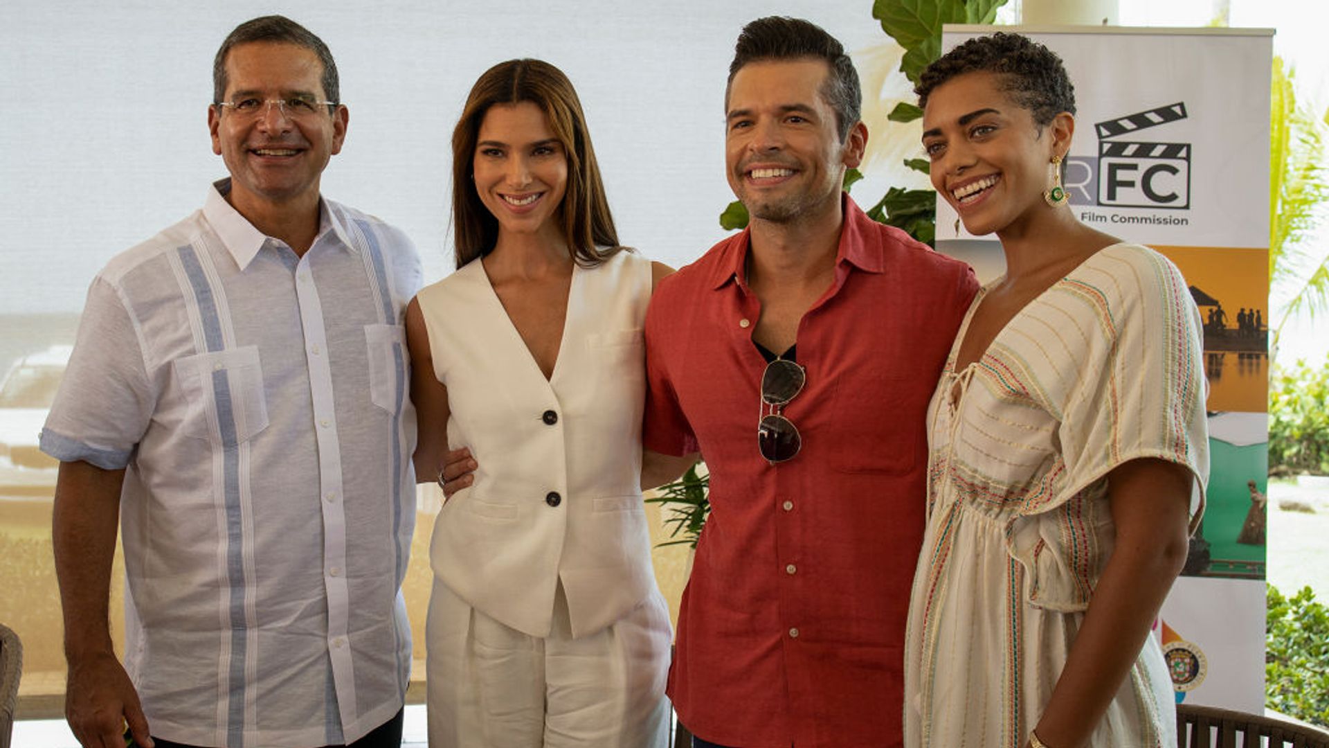 Fantasy Island stars Roselyn Sánchez, Kiara Barnes and John Gabriel Rodriquez pose together for a photo