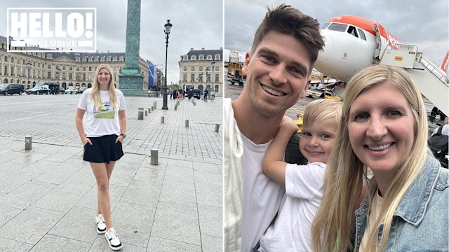 Split image showing Becky Adlington in Paris and with her family