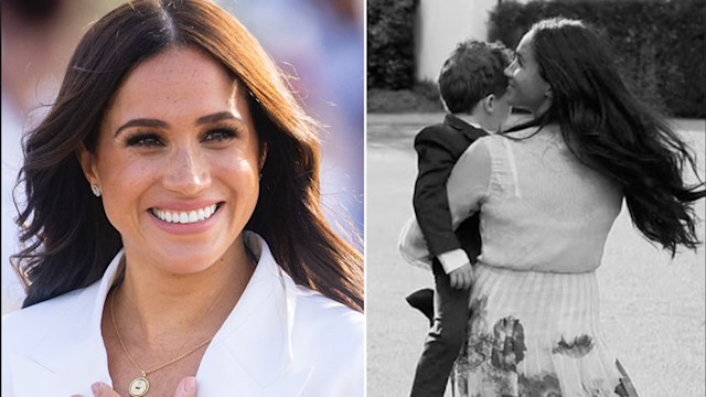 A split image of Meghan Markle carrying her son Archie