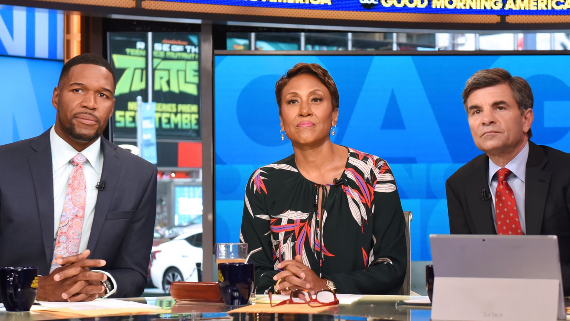 Michael Strahan, Robin Roberts and George Stephanopoulos on Good Morning America in 2018