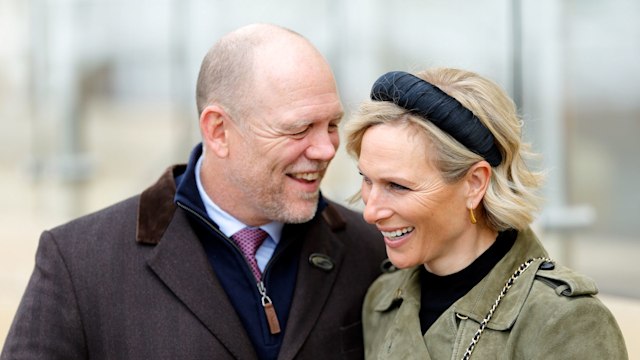 Mike Tindall and Zara Tindall attend day 2 of the April Meeting at Cheltenham Racecourse on April 18, 2024 in Cheltenham, England.