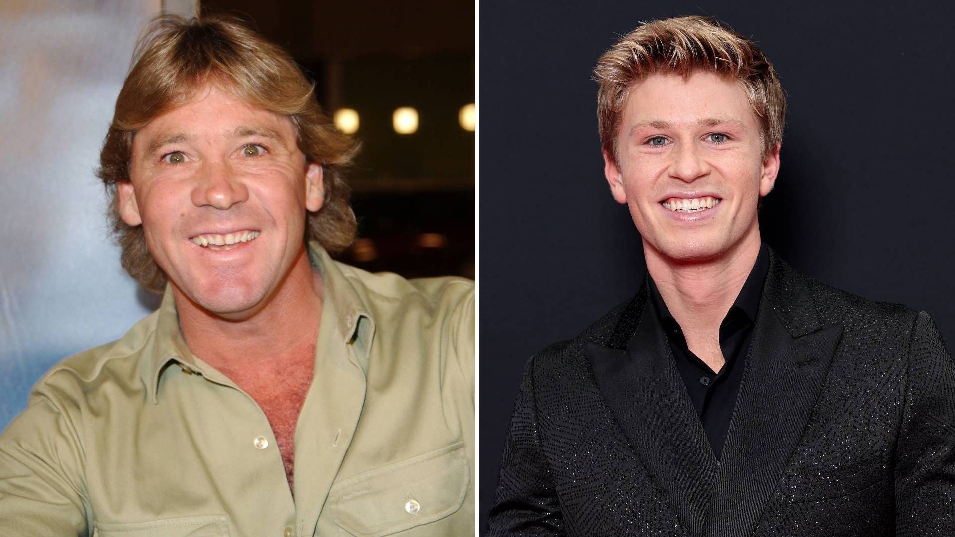 Split image of the late Steve Irwin and his son Robert Irwin